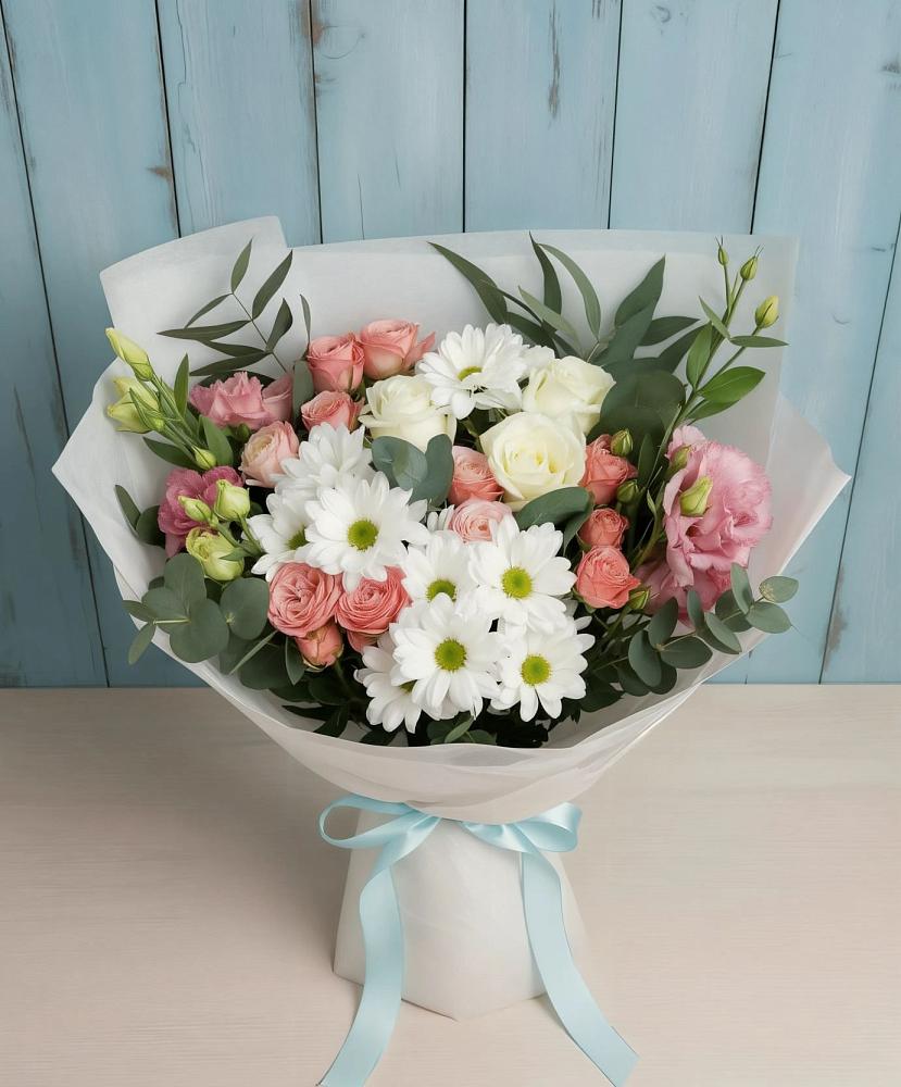 Букет цветов из: Розы, Лизиантусы и Хризантемы в Октябрьский Волгоградской области