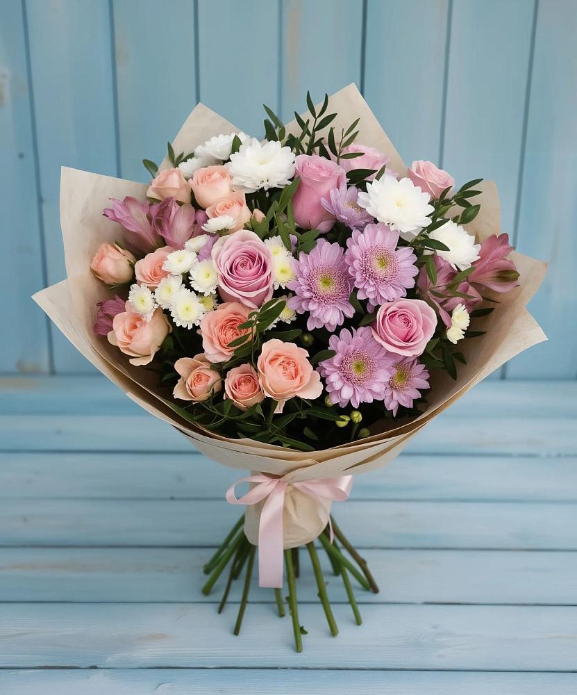 Букет цветов из: Хризантемы, Розы и Альстромерии в Октябрьский Волгоградской области