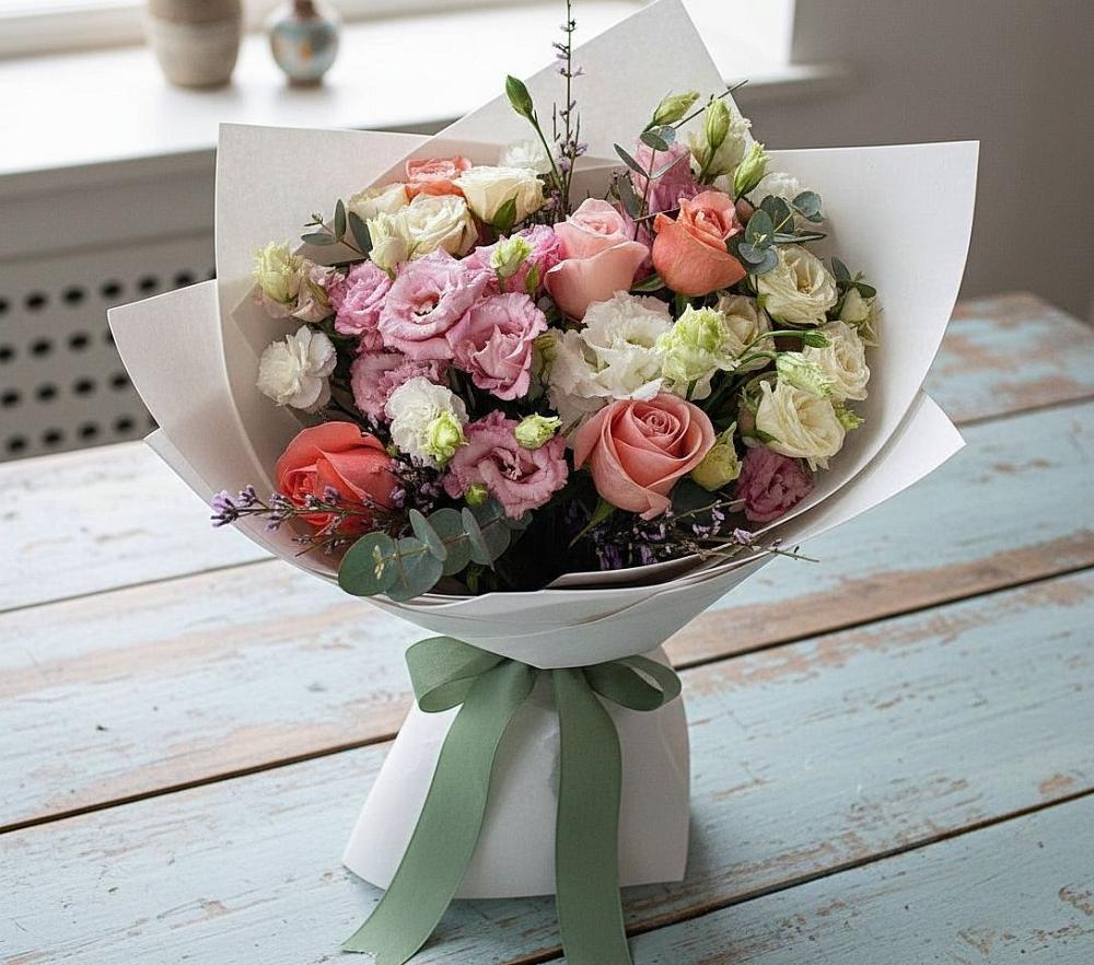 Букет цветов из: Розы, Лизиантусы и Гвоздики в Октябрьский Волгоградской области