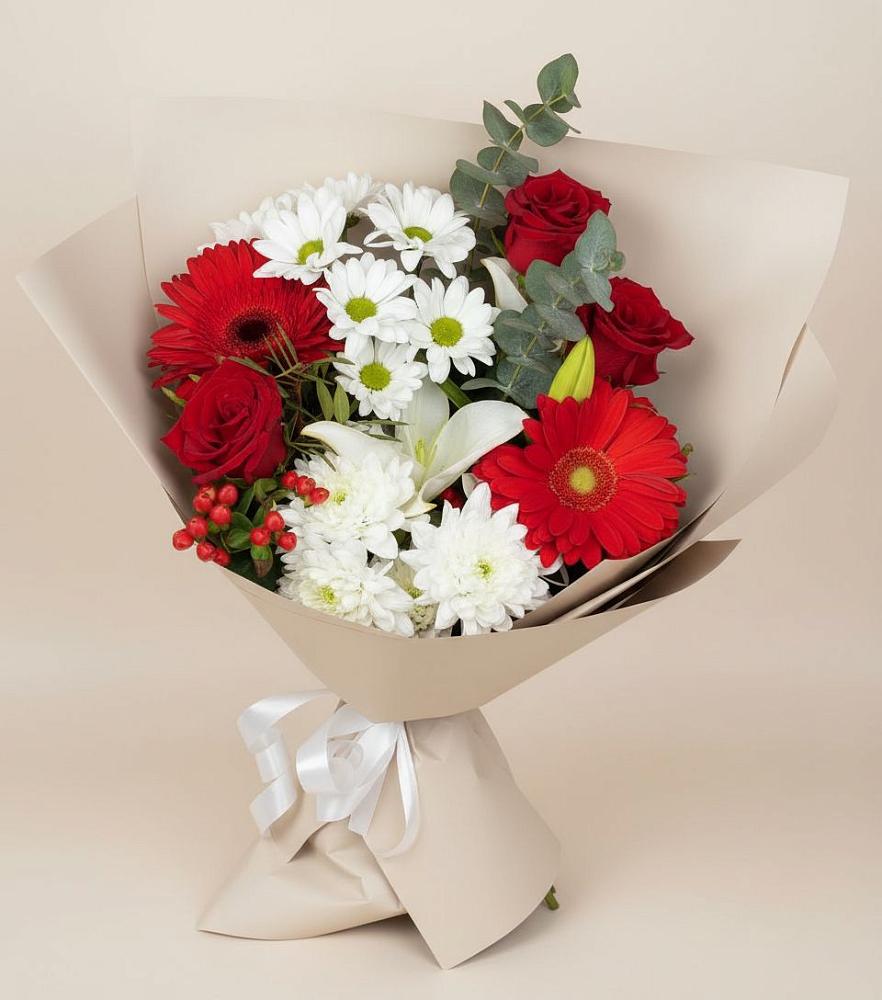 Букет цветов из: Розы, Хризантемы, Герберы и Лилии в Октябрьский Волгоградской области