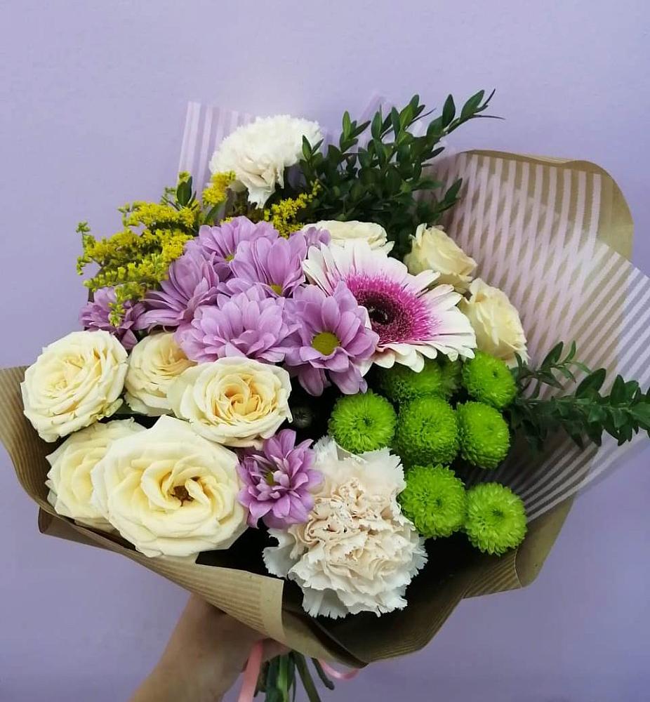 Букет цветов из: Хризантемы, Розы, Гвоздики и Герберы в Октябрьский Волгоградской области