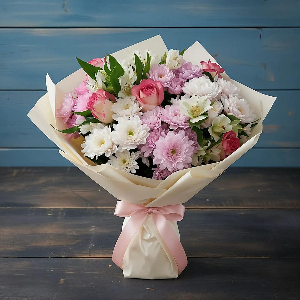 Букет цветов из: Хризантемы, Альстромерии и Розы в Октябрьский Волгоградской области